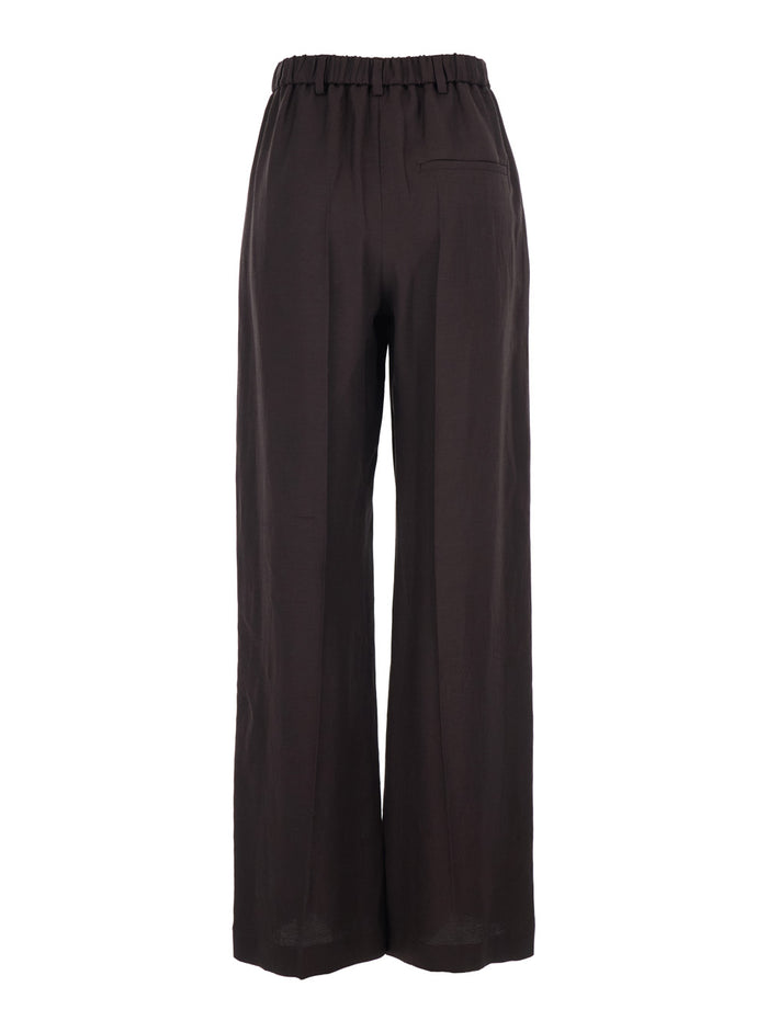 Brown Linen Blend Elasticated Waist Pants for Women Viscose Trousers