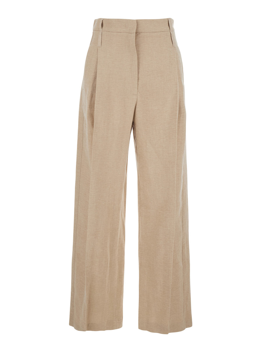 Trousers Front-Pleated Beige Linen Blend