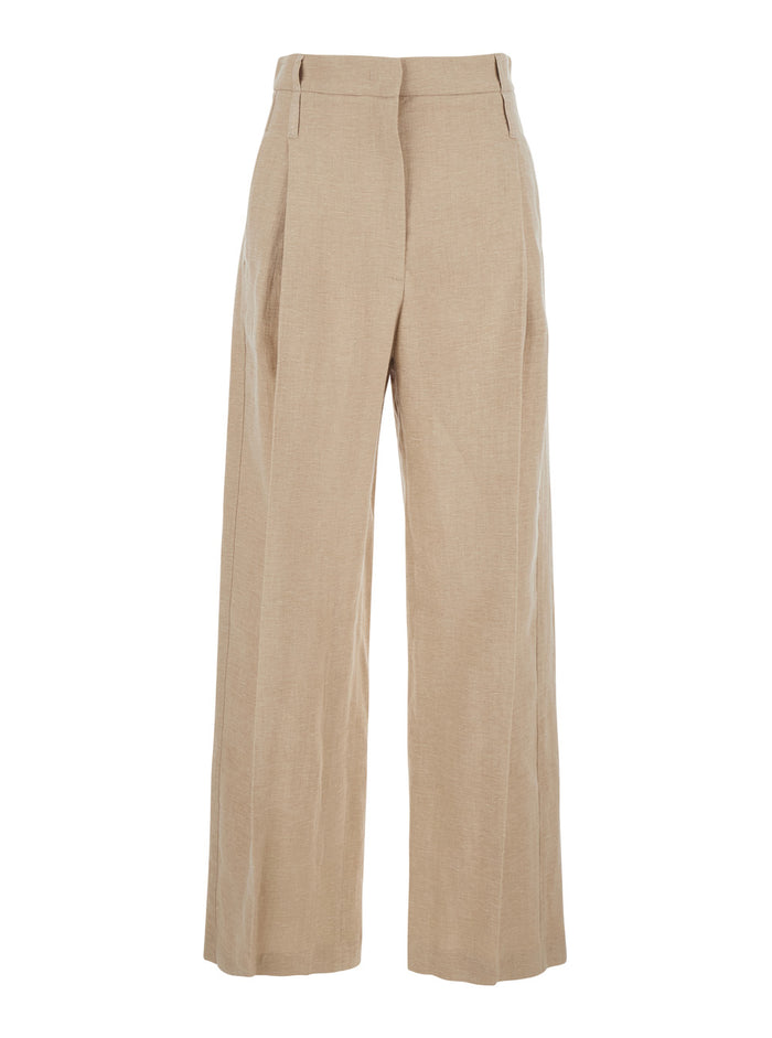 Beige Front Pleated Trousers Cotton And Linen Blend For Women
