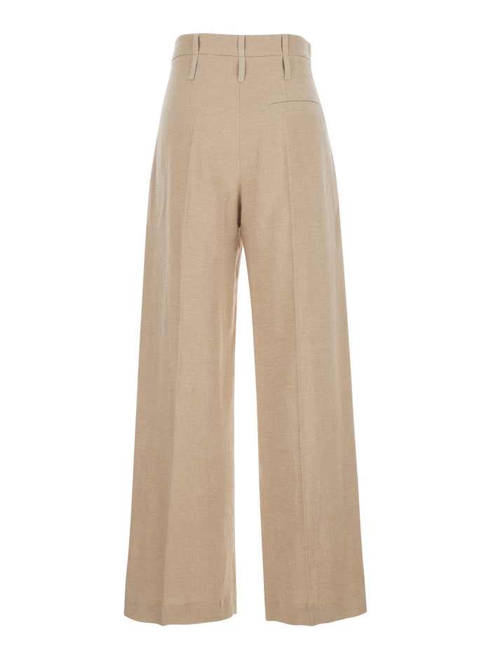 Beige Front Pleated Trousers Cotton And Linen Blend For Women