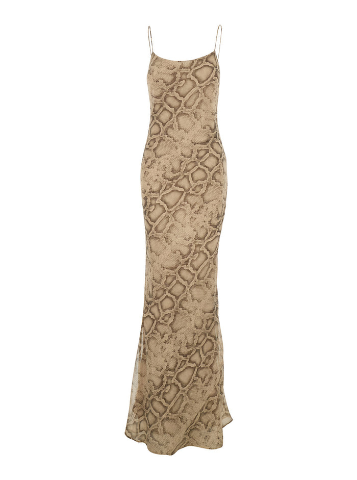 Long Dress T190131 With Thin Straps And All-Over Python Print Beige Fabric For Women