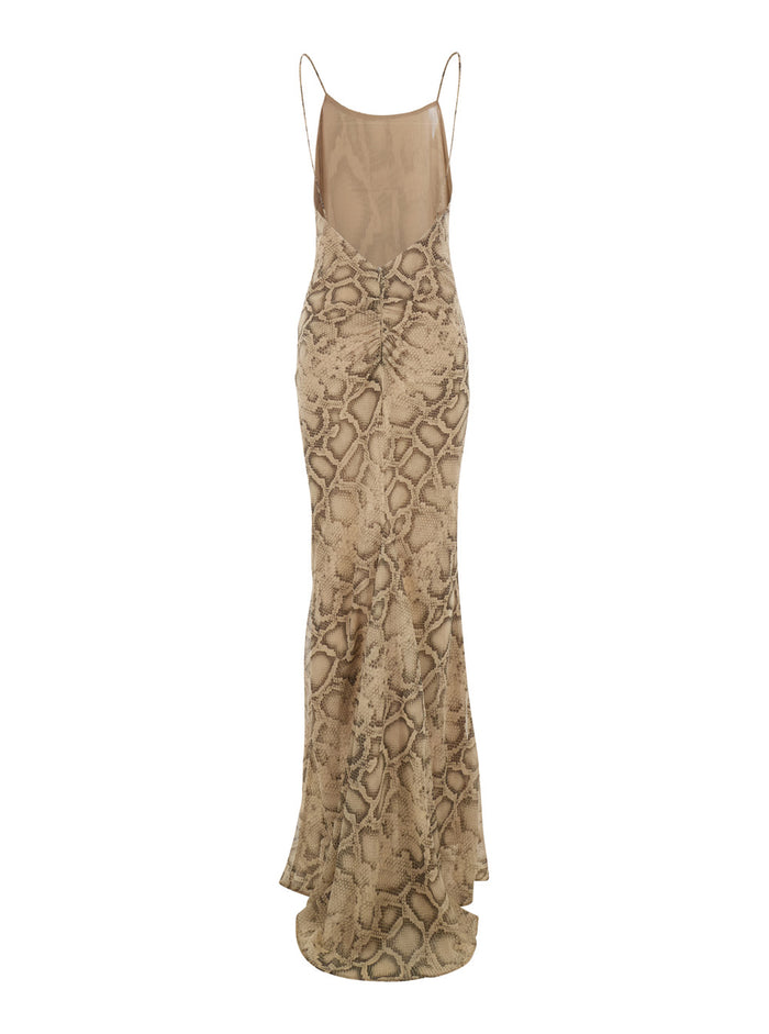 Long Dress T190131 With Thin Straps And All-Over Python Print Beige Fabric For Women