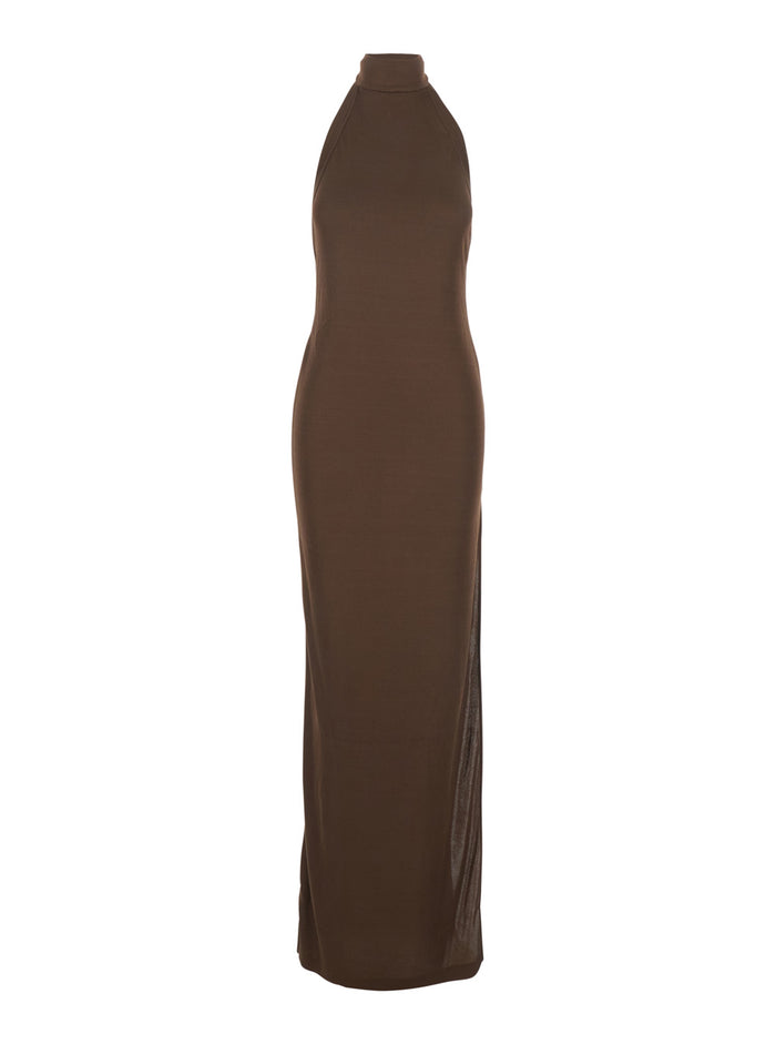 Long Dress Cleo with American Neckline and Open Back in Stretch Viscose Blend Brown Women Nylon Elastane