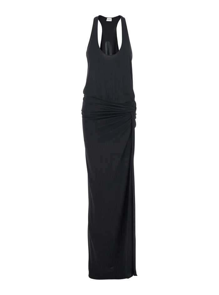 Long Dress Juno with Ruches Detail on the Front and Single Vent in Black Stretch Fabric for Women Polyester Elastane