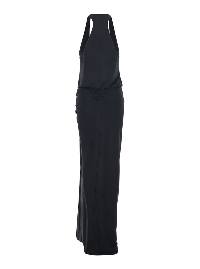 Long Dress Juno with Ruches Detail on the Front and Single Vent in Black Stretch Fabric for Women Polyester Elastane