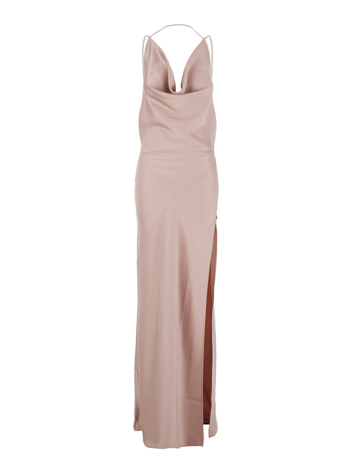 Long Dress Vera With Draped Neckline And Front Vent Pink Fabric For Women