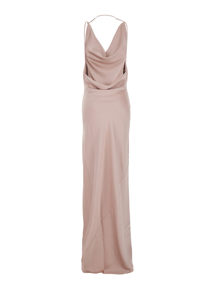 Long Dress Vera With Draped Neckline And Front Vent Pink Fabric For Women