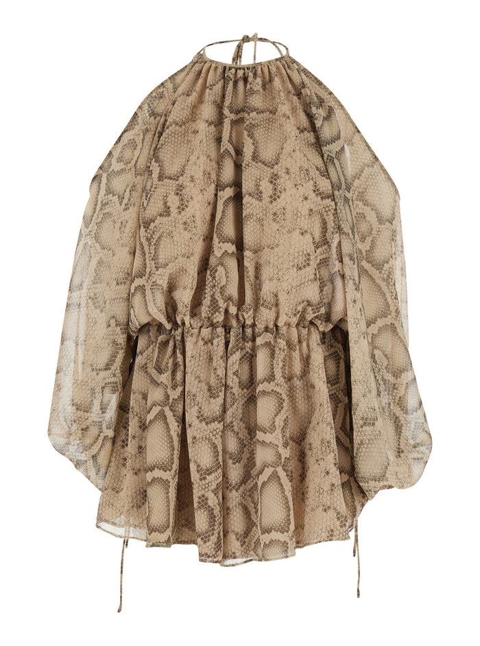 Beige Python Print Blouse with Fabric Knot Closure for Women Shirts And Blouses