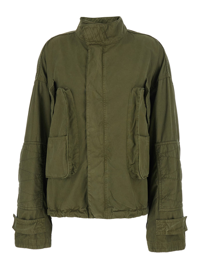 Green High Collar Jacket with Logo Patch on the Back in Cotton for Women Outerwear