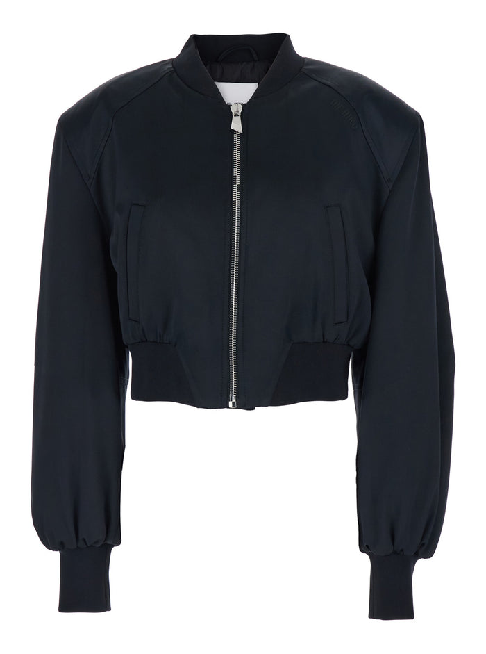 Short Bomber Jacket with Tone-on-Tone Logo Embroidery on the Front in Black Viscose for Women Outerwear