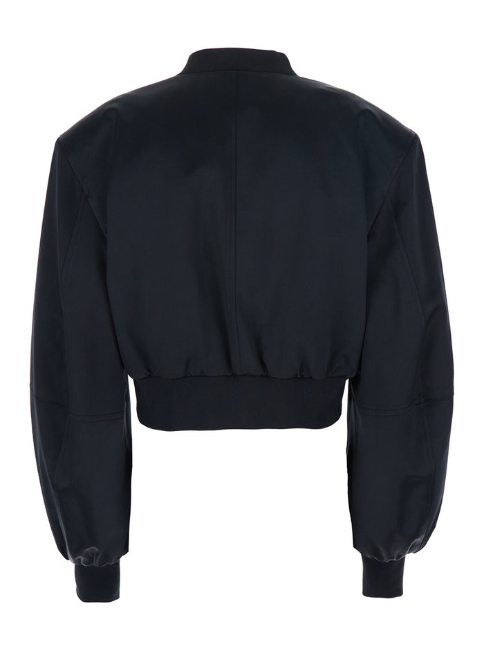 Short Bomber Jacket with Tone-on-Tone Logo Embroidery on the Front in Black Viscose for Women Outerwear