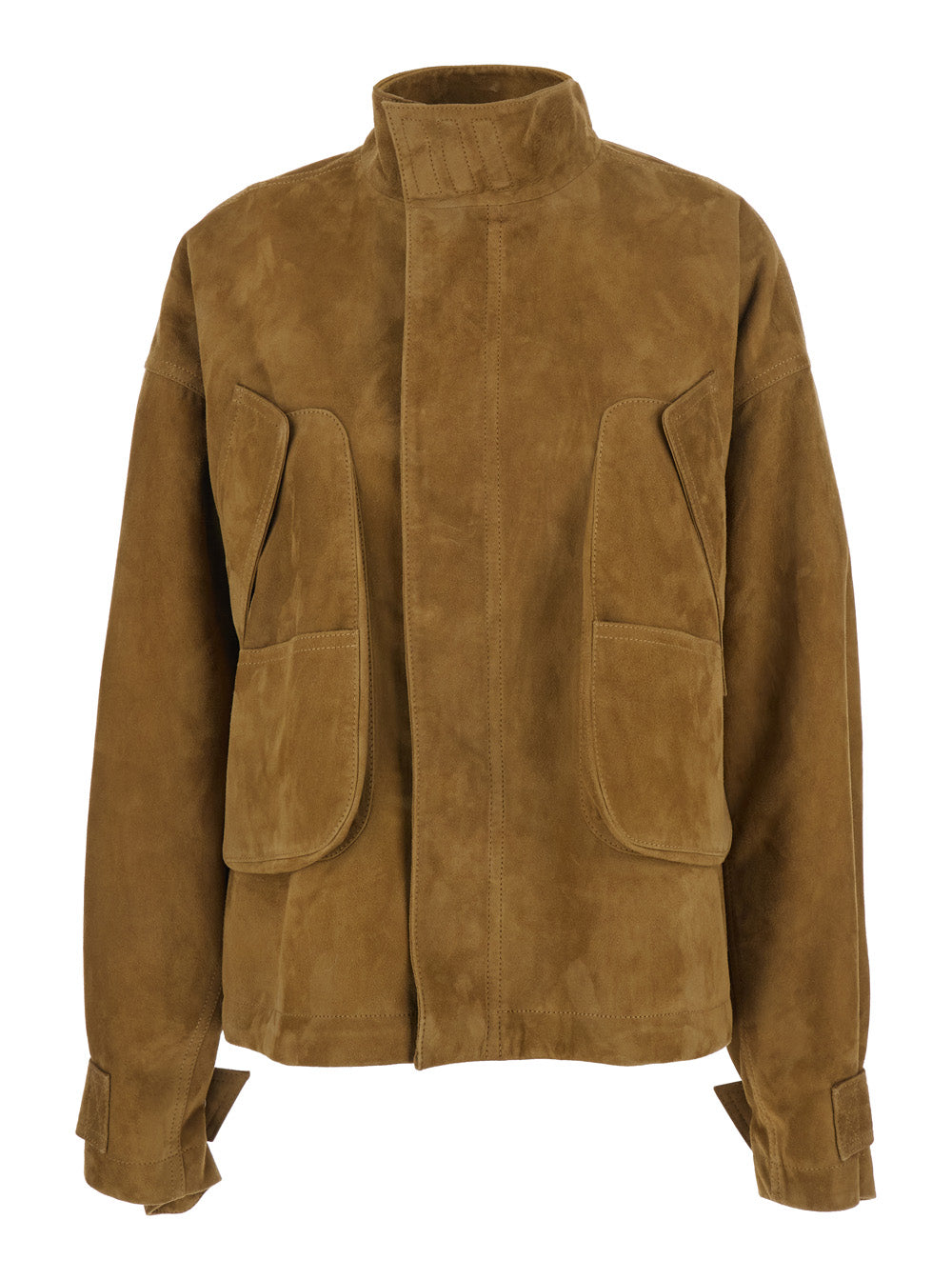 Brown Suede High Collar Jacket with Logo Patch on the Back for Women Lamb Outerwear