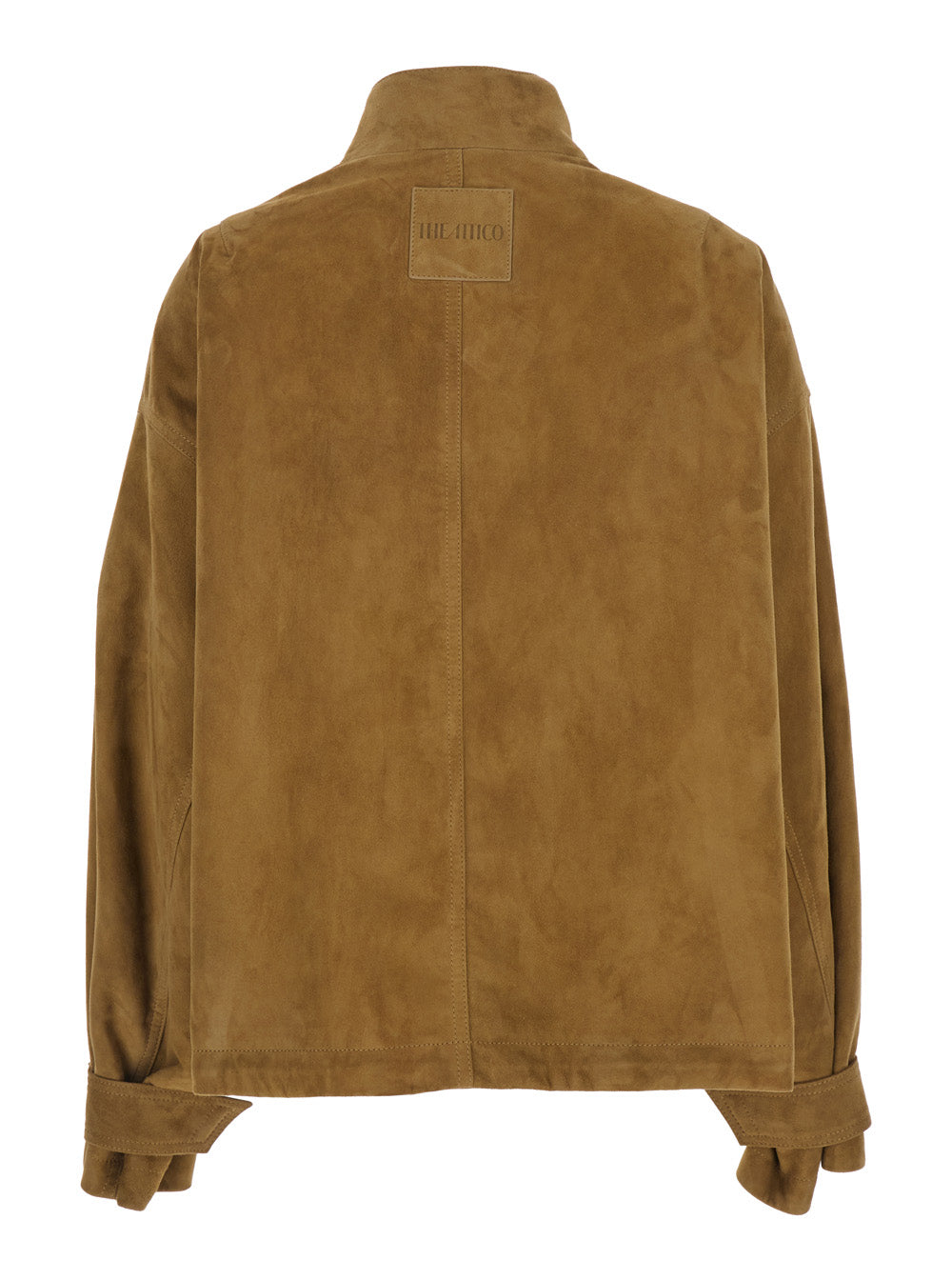 Brown Suede High Collar Jacket with Logo Patch on the Back for Women Lamb Outerwear