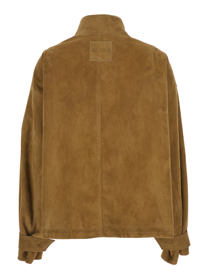 Brown Suede High Collar Jacket with Logo Patch on the Back for Women Lamb Outerwear