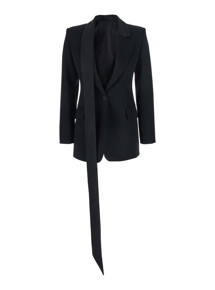 Black Single-breasted Jacket with Notched Revers and Oversized Strap Detail in Wool for Women Virgin Blazers
