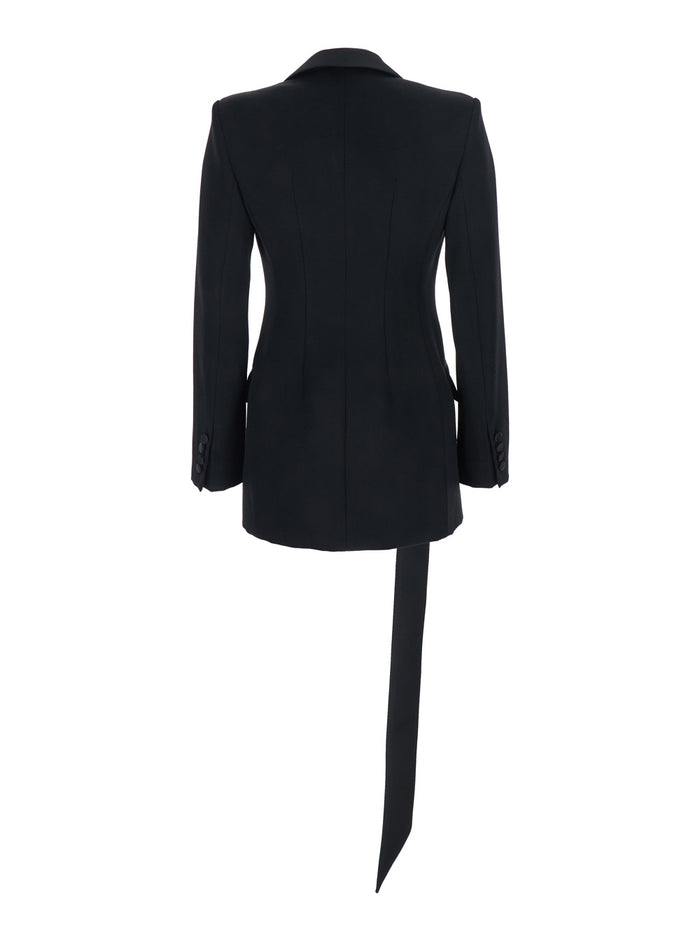 Black Single-breasted Jacket with Notched Revers and Oversized Strap Detail in Wool for Women Virgin Blazers