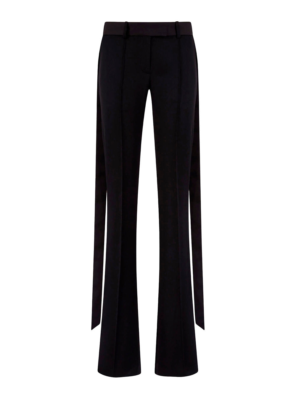 Black Wide Leg Pants with Oversized Band Detail in Wool for Women Virgin Trousers