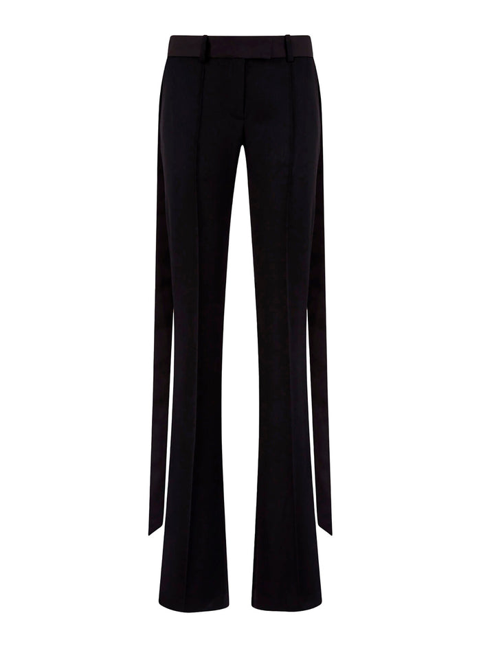 Black Wide Leg Pants with Oversized Band Detail in Wool for Women Virgin Trousers