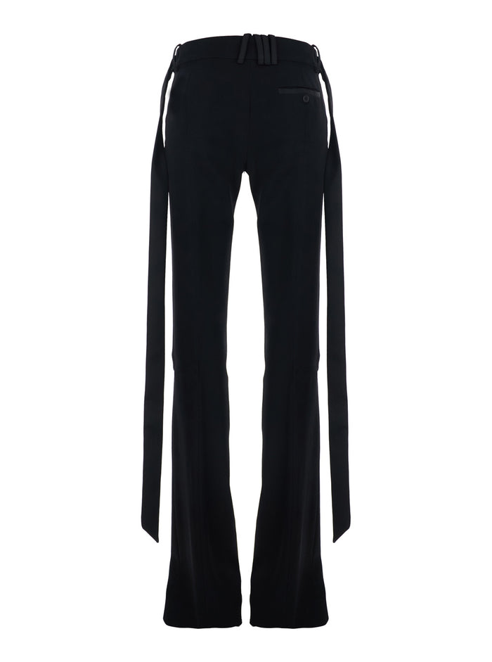 Black Wide Leg Pants with Oversized Band Detail in Wool for Women Virgin Trousers