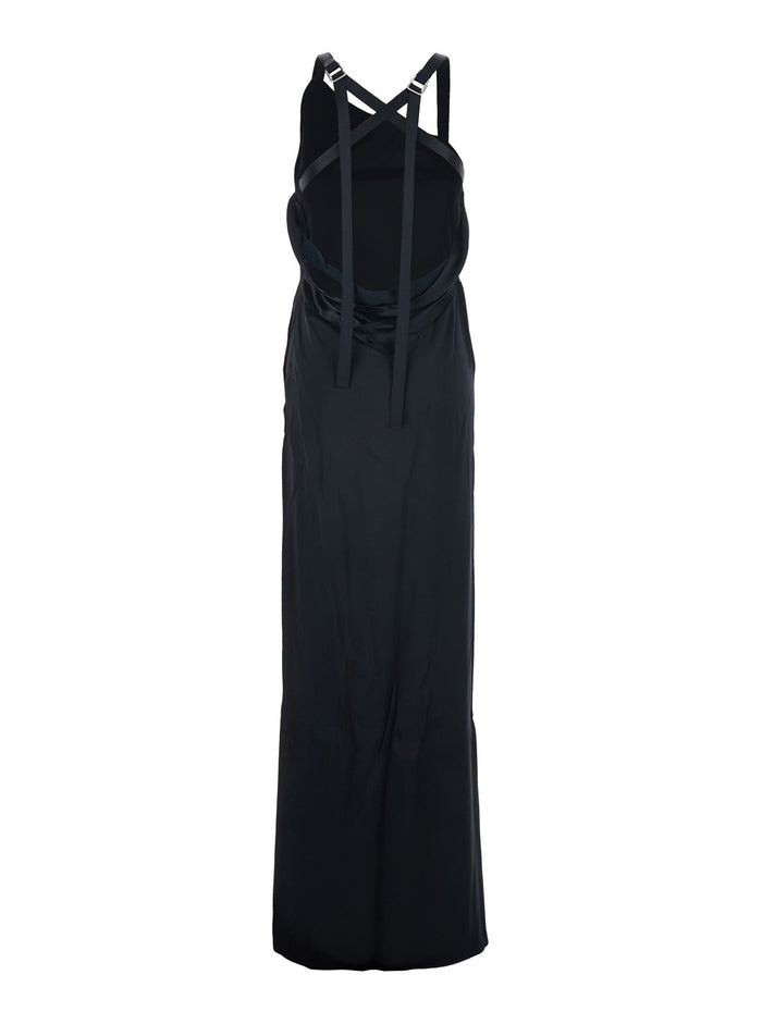 Black Long Sleeveless Dress With Crossed Adjustable Straps And Open Back Viscose For Women