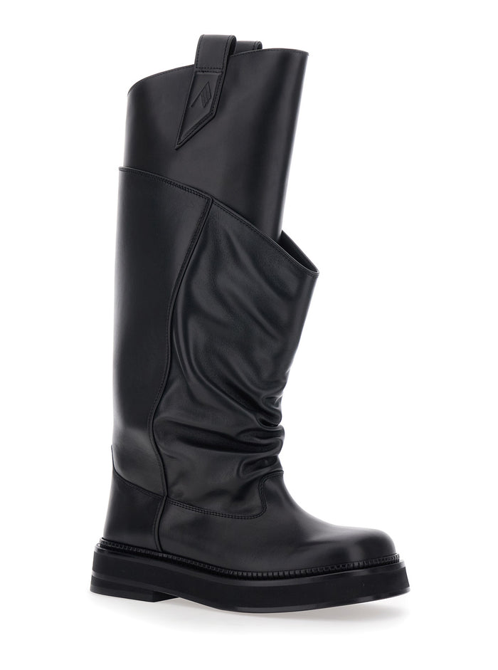 Black Passeggiata Boots with Pull-tab and Rubber Sole in Leather Woman Calf