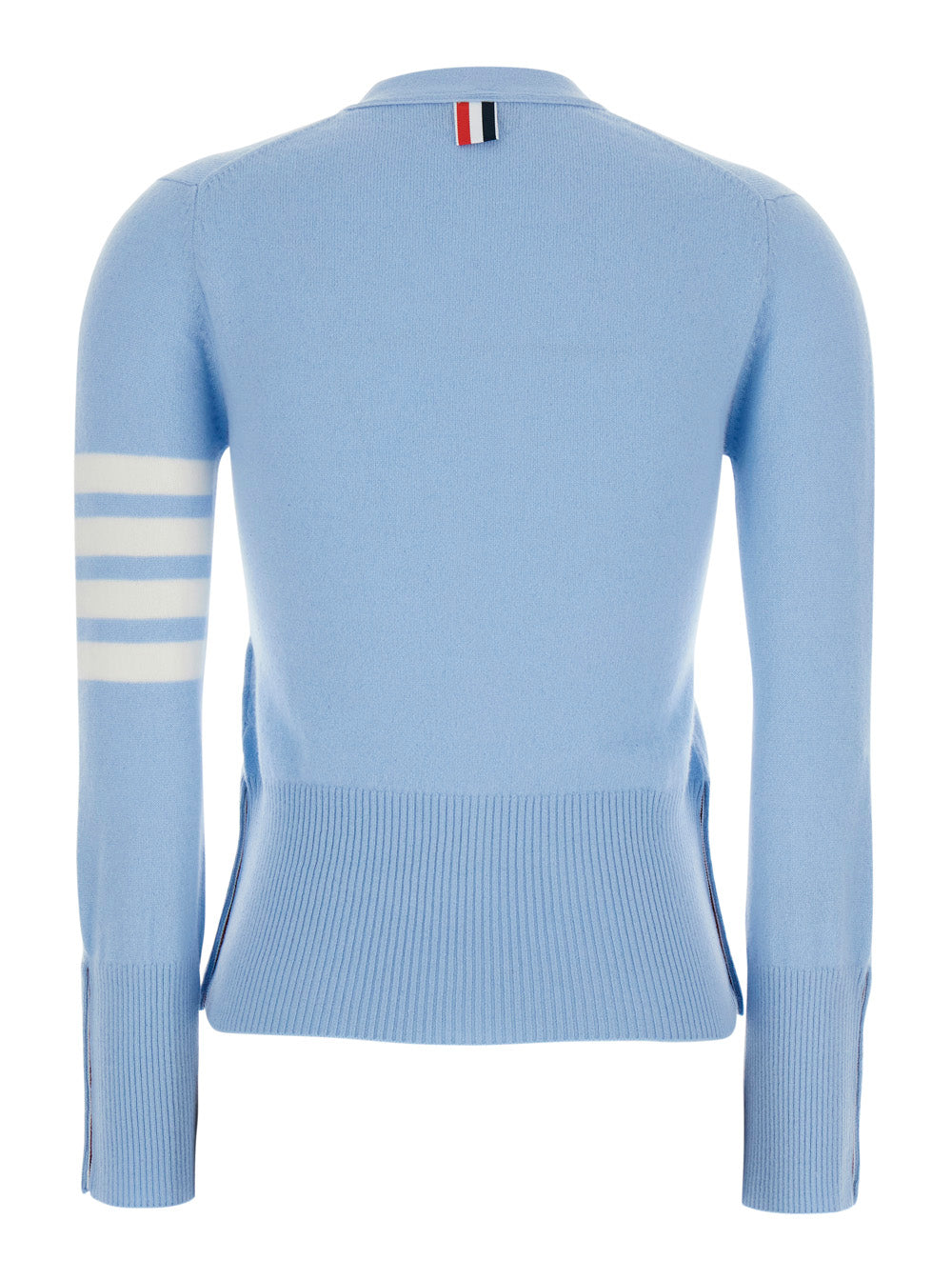 V-Neck Cardigan with 4Bar Logo on Sleeve in Blue Cashmere for Women Light Jersey