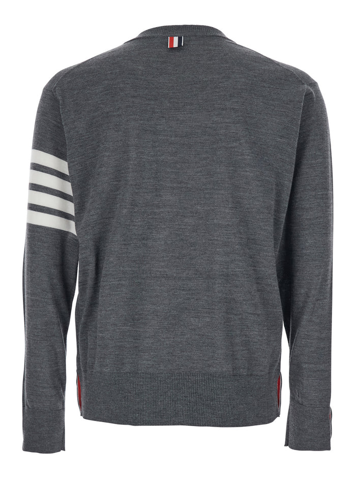 Crew Neck Sweater with 4-Bar Detail in Grey Virgin Wool for Men Jersey
