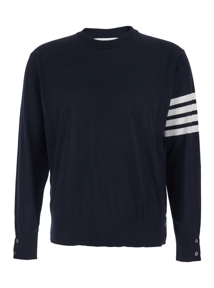 Crew Neck 4-Bar Blue Wool Sweater for Men Blu Virgin Jersey