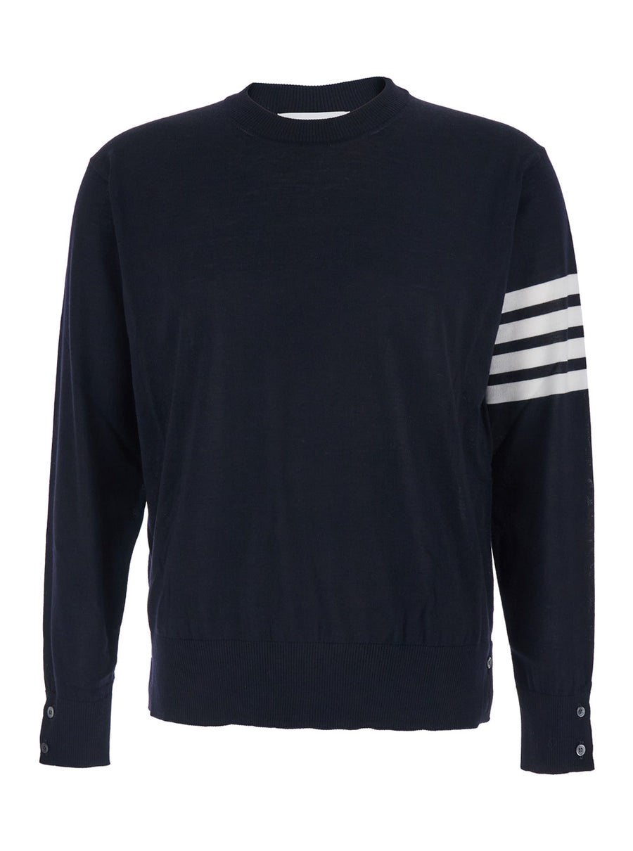 Crew Neck Sweater 4-Bar Blue Wool Virgin Tops