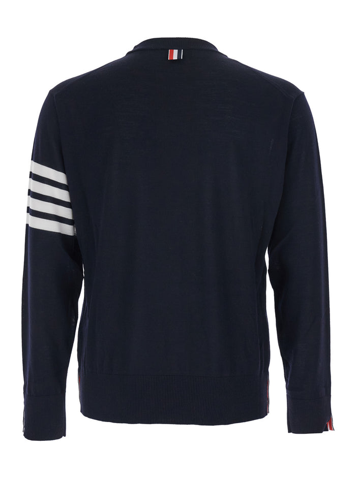 Crew Neck 4-Bar Blue Wool Sweater for Men Blu Virgin Jersey