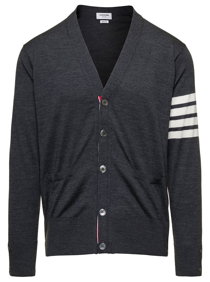 Gray Wool Mens V-Neck Cardigan with Stripe Detail Grey Virgin Jersey