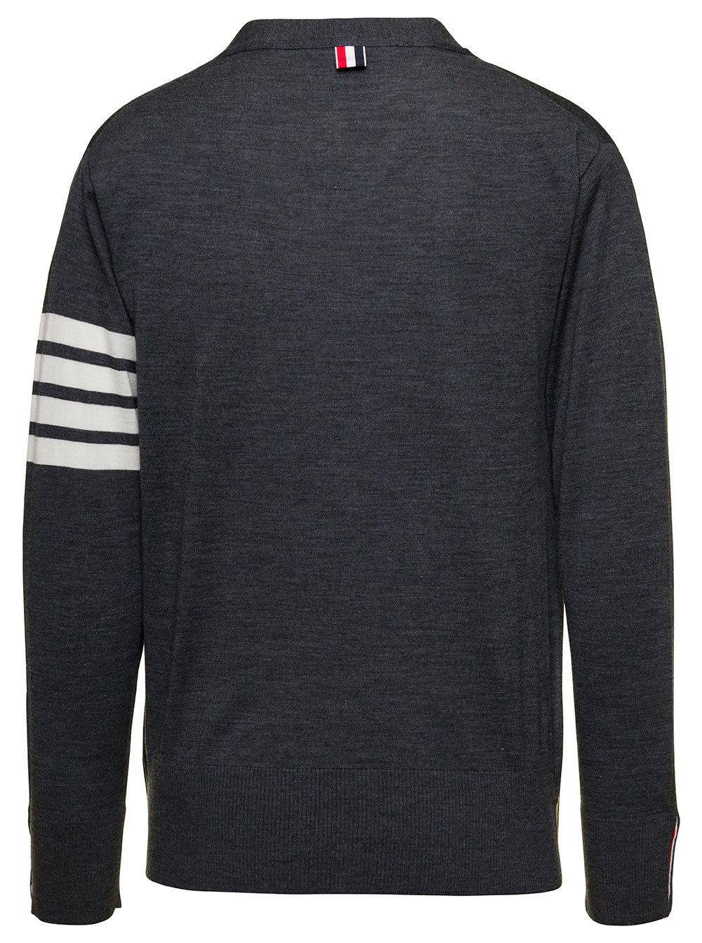 Gray Wool Mens V-Neck Cardigan with Stripe Detail Grey Virgin Jersey