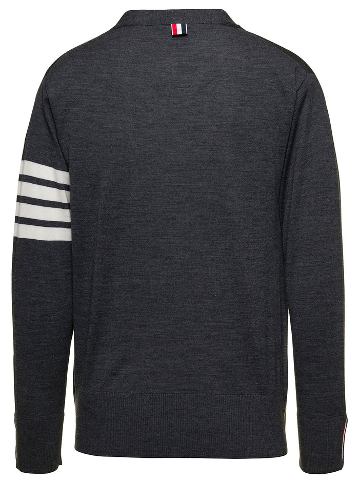 Gray Wool Mens V-Neck Cardigan with Stripe Detail Grey Virgin Jersey