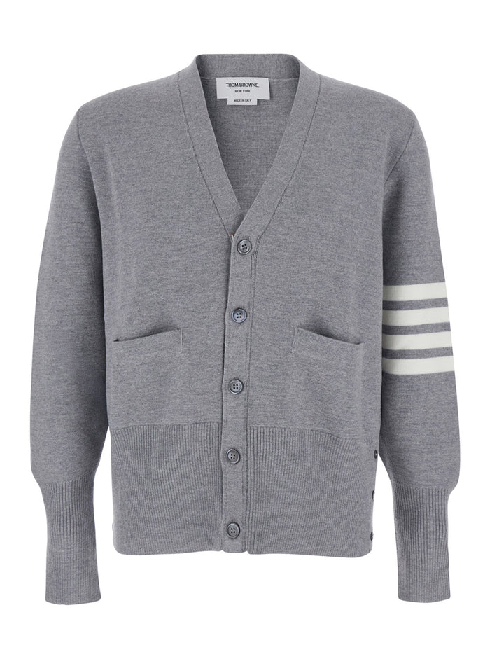Gray Wool Cardigan with V-Neck and Striped Detail on Sleeve for Men Grey Jersey