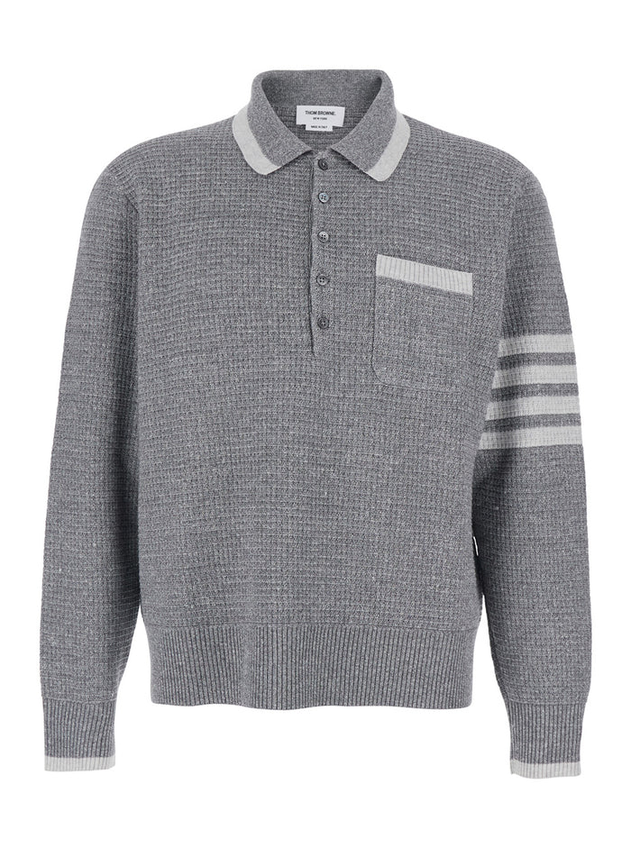 Mens Grey Wool and Silk 4-Bar Polo Tshirts Shirts