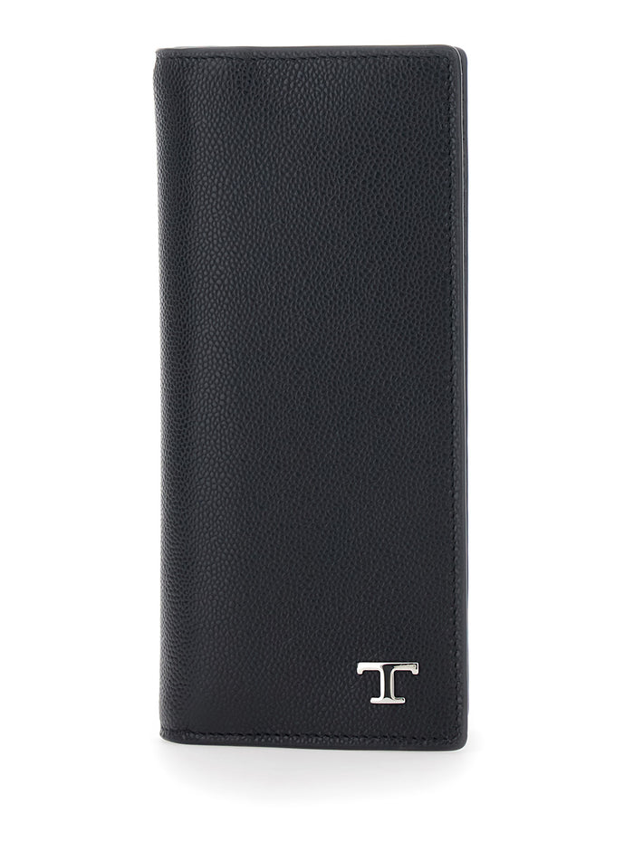 Vertical Wallet TODS with Logo Plate on the Front in Black Hammered Leather for Men Calf Products