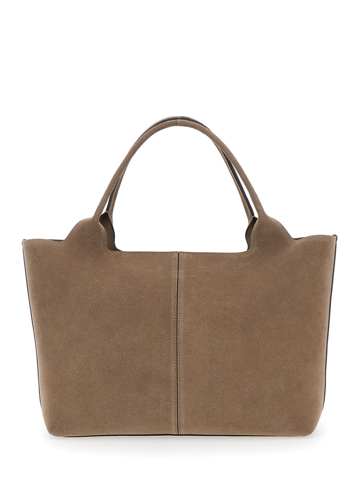 Beige Ebr Tote Bag with Logo Plate on the Front and Contrast Stitching in Suede for Women Calf