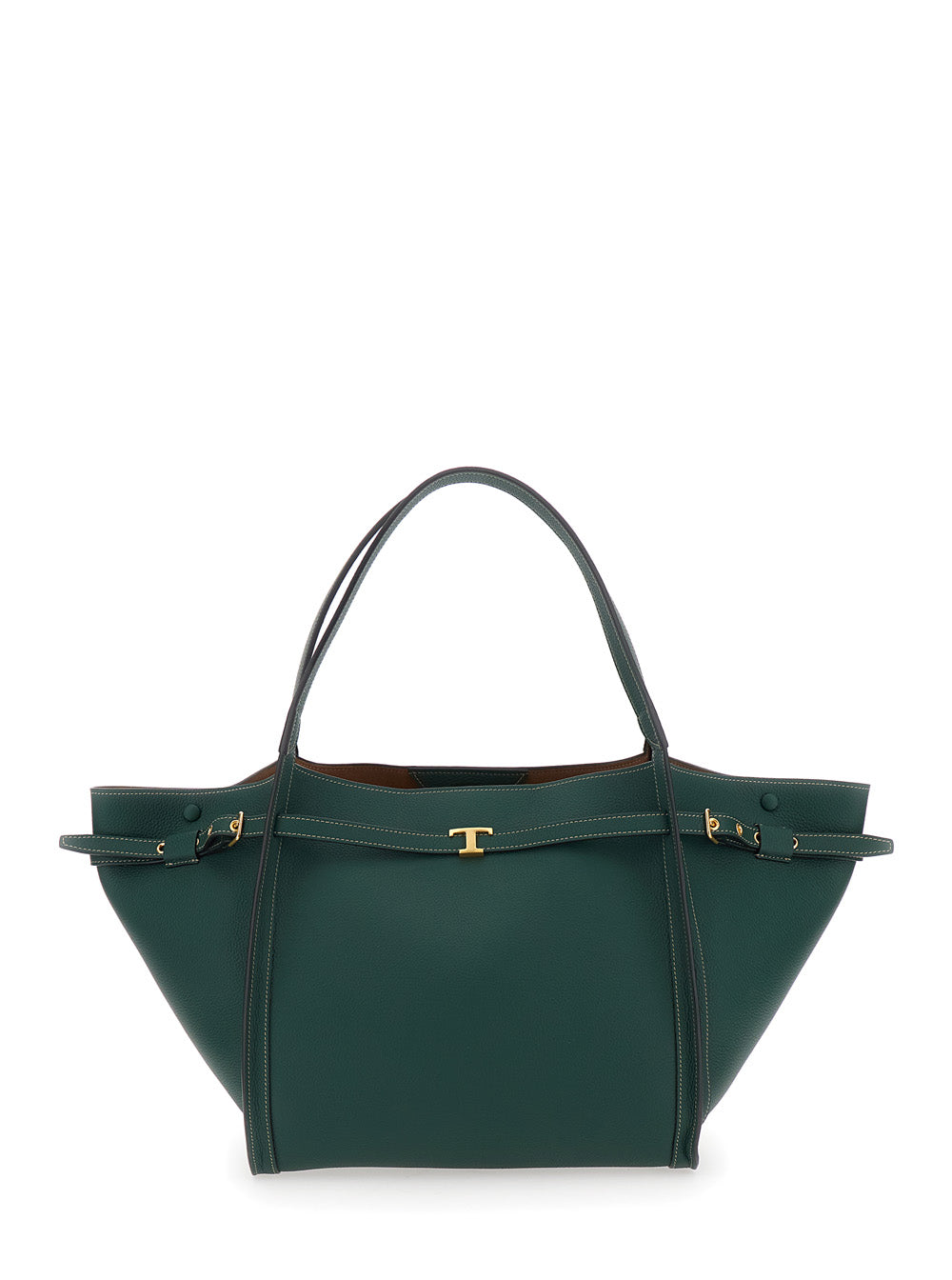 Medium T Tote Bag with Timeless Plaque on Front in Green Leather for Women Calf