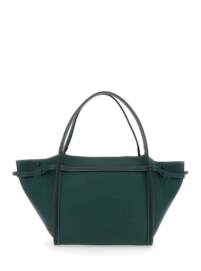 Medium T Tote Bag with Timeless Plaque on Front in Green Leather for Women Calf