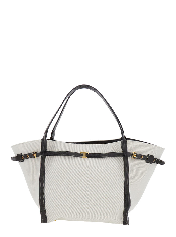 White Cotton Blend Tote Bag with Leather Strap for Women Linen Polyester