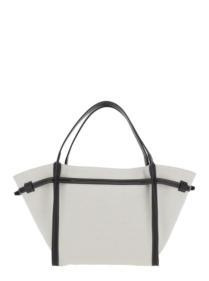 White Cotton Blend Tote Bag with Leather Strap for Women Linen Polyester