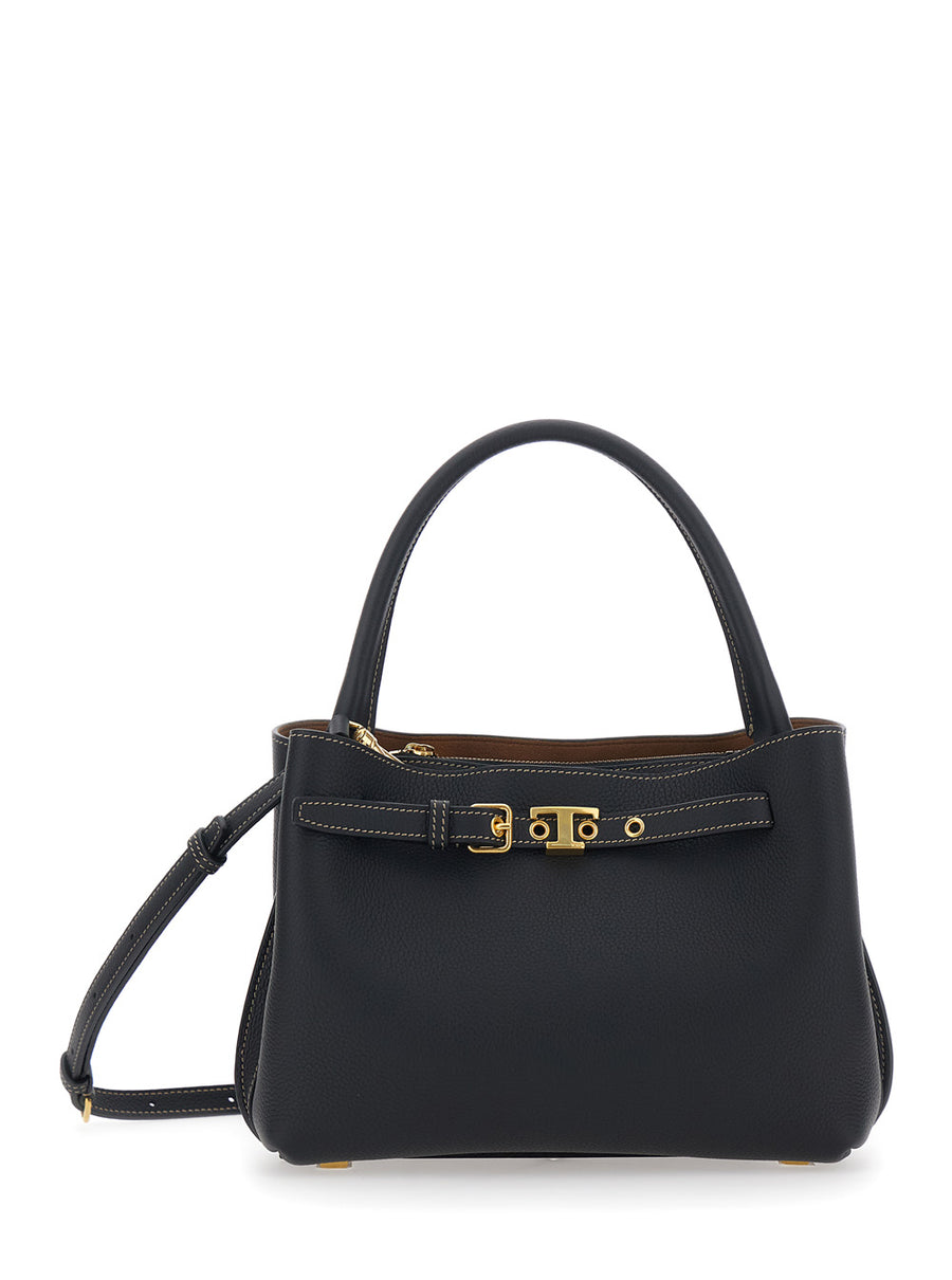 Handbag T-String Black Pebbled Leather Calf Handbags