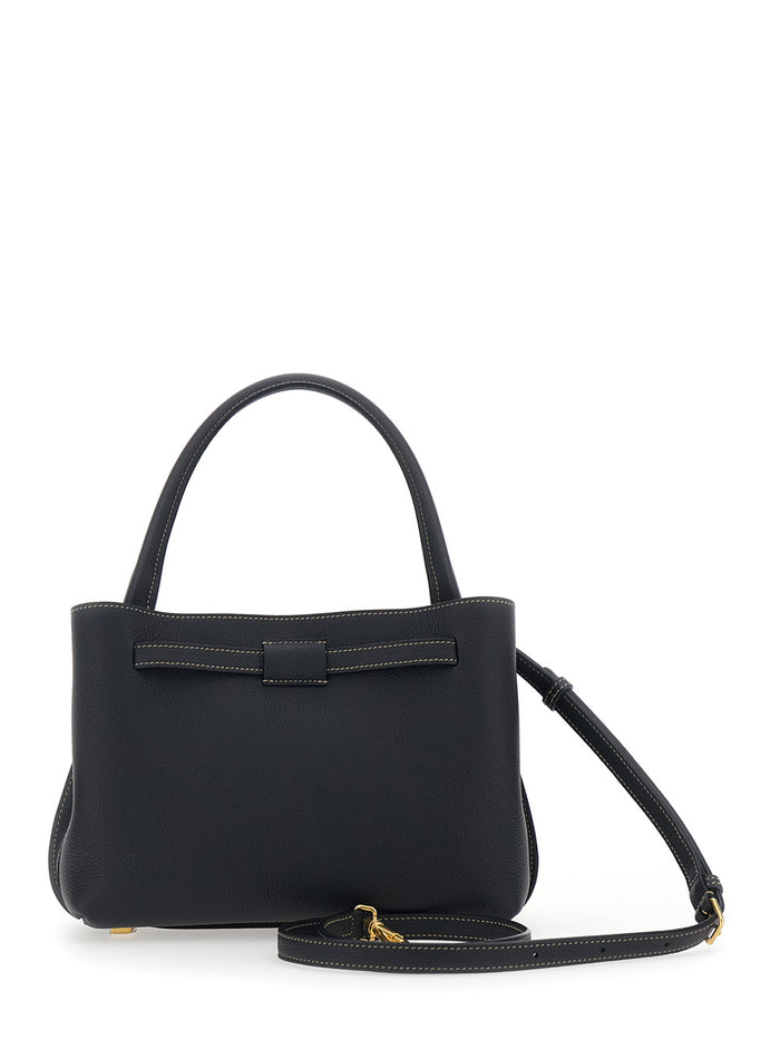 Small T-String Handbag with Adjustable and Removable Shoulder Strap Belt Buckle on the Front in Black Pebbled Leather for Women Calf Hand Bags