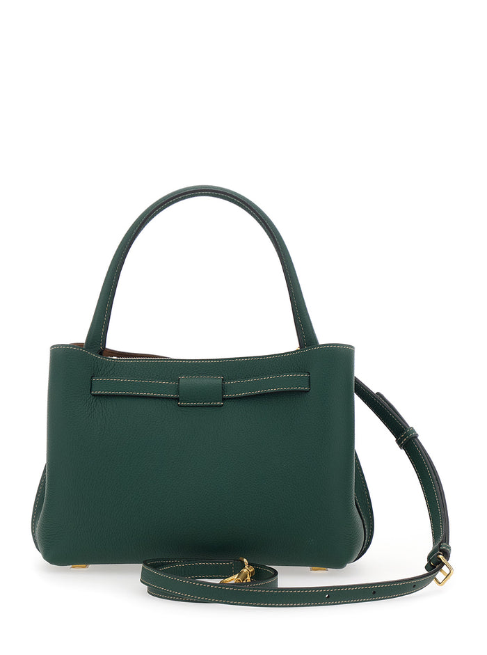 Small T-String Handbag with Adjustable and Removable Shoulder Strap Buckle on the Front in Green Hammered Leather for Women Calf Hand Bags