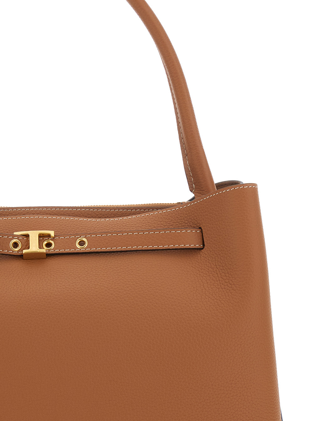 T-String Handbag with Adjustable and Removable Shoulder Strap Buckle on the Front in Brown Hammered Leather for Women Calf Hand Bags