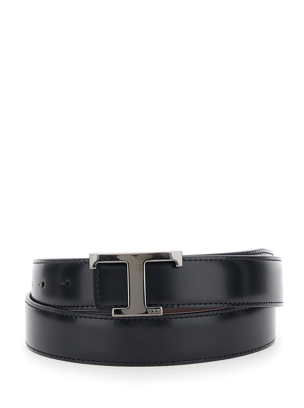 Black Belt with Adjustable Buckle Closure and T Logo Plaque in Leather Man Calf