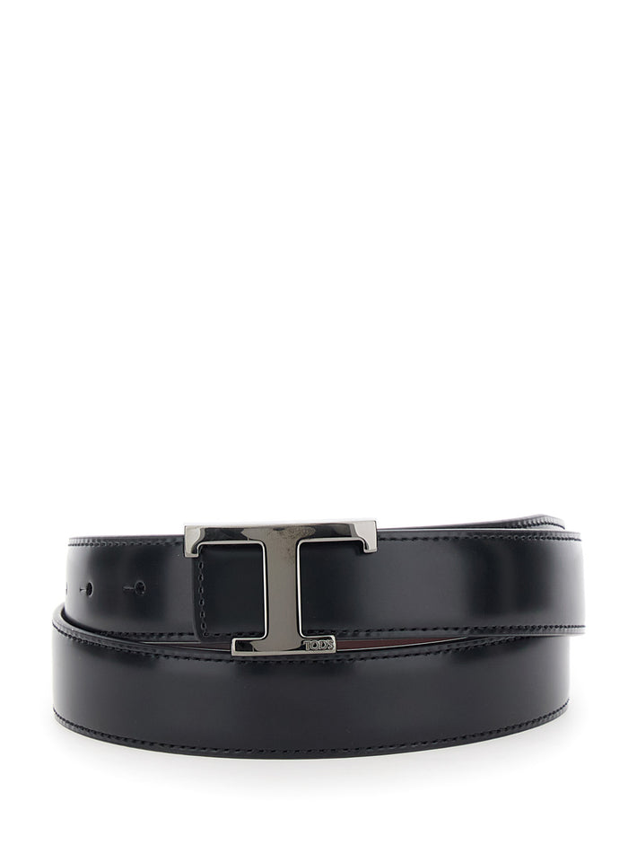 Black Belt with Adjustable Buckle Closure and T Logo Plaque in Leather Man Calf