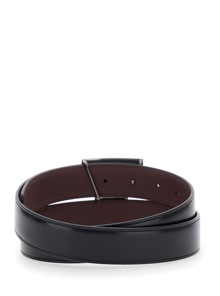 Black Belt with Adjustable Buckle Closure and T Logo Plaque in Leather Man Calf