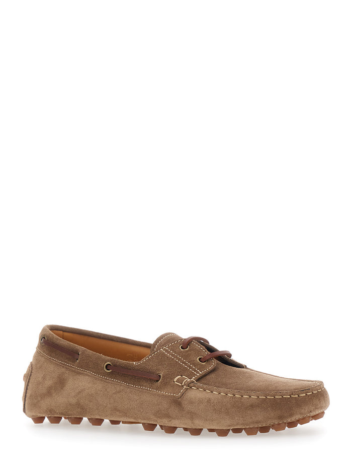 Loafers Bubble Gommino with Contrast Stitching in Brown Suede for Men Calf