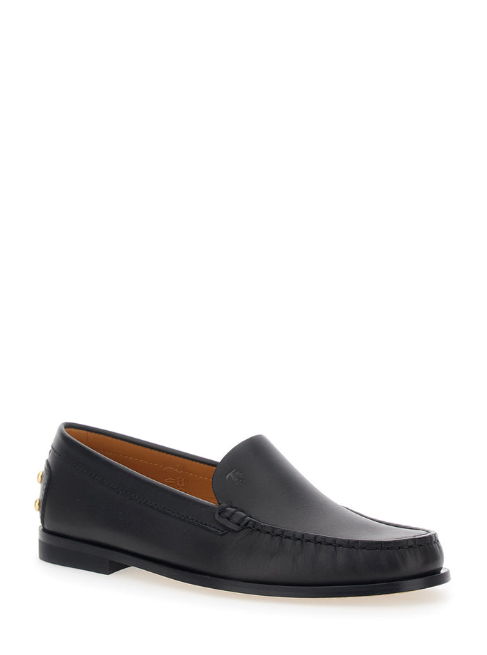 Loafers Black with Embossed Logo and Stud Details on the Back in Leather Women Calf